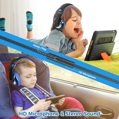 rockpapa Comfort+ Kids Headphones with Microphone, Boys Girls Student Over-Ear Headphones Wired Foldable for School Classroom Laptop PC Computer Tablet Black/Blue+Pink - color: Blue/Black/Pink