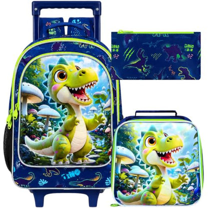 WZLVO 3PCS Boys Rolling Backpack, 18" Dinosaur Print School Bag with Wheels, Includes Matching Lunch Bag & Pencil Bag - Green Dino Adventure - color: 3PCS Boys Rolling Backpack - Green Dino Adventure