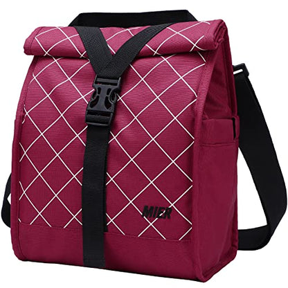 MIER Insulated Lunch Bag Roll Top Lunchbox for Women Men Adults Foldable Rolltop Lunch Tote with Shoulder Strap for Work Office Picnic, Water Bottle Holder, Red - color: Red