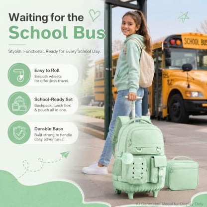 KLFVB Roller Backpack for Girls, 3PCS Rolling Bookbag with Lunch Bag for Kids, Wheeled School Bag for Teen - Cyan Ribbon Bow - color: Cyan Ribbon Bow Rolling Backpack