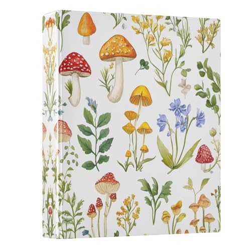 3 Ring Binder with Clipboard, D Rings Holds 200 Sheets, Heavy Duty Binders Folder for School Office, Waterproof PVC Cover with 3 Interior Clear Pockets, Mushrooms