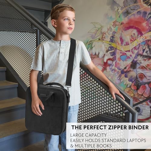 Sturdy 3-Ring Zipper Binder with Shoulder Strap for School – Beautiful 2-Inch Zip-Up Binder with Extra Pockets Holds 500 Sheets, Books & Laptop – Easy-to-Carry Trapper Keeper Made of Premium Fabric - color: Black