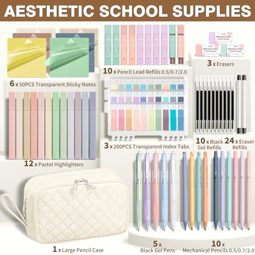 62PCS Aesthetic School Supplies with Cute Pencil Case, Pastel Highlighters Black Ink Gel Pens Mechanical Pencils Kit, Back to School Supplies College Essentials Preppy Stationary Set for Student Girls - color: Beige