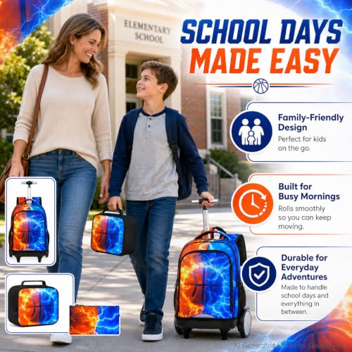 gxtvo Large Wheels & Quiet Glide | Rolling Backpack for Kids - Water-Resistant Wheeled Bag with Lunch Box for School, Travel & Outings - Fire & Lightning Basketball - color: Rolling Backpack Fire Lightning Basketball