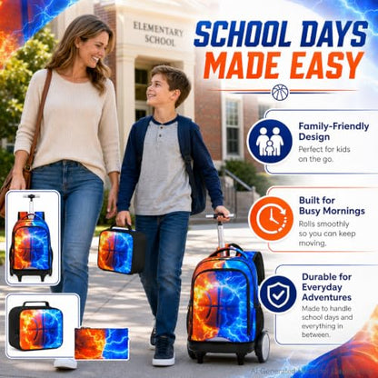 gxtvo Large Wheels & Quiet Glide | Rolling Backpack for Kids - Water-Resistant Wheeled Bag with Lunch Box for School, Travel & Outings - Fire & Lightning Basketball - color: Rolling Backpack Fire Lightning Basketball