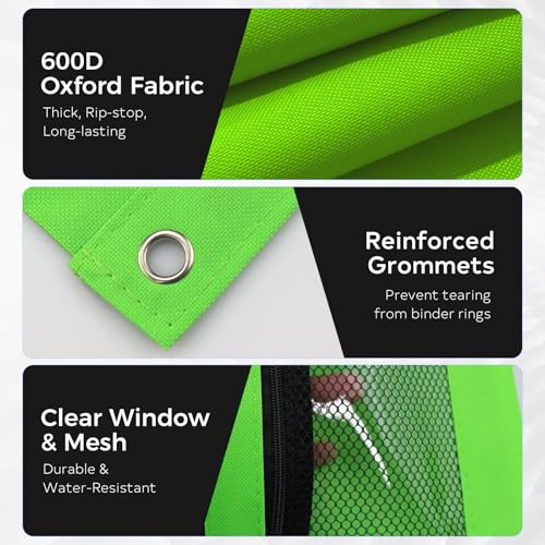 3 Ring Pencil Pouch for Binder, 2-Pocket Zipper Pencil Case with Clear Window & Mesh Pocket, 600D Oxford Fabric Binder Pouch for School Office Supplies, Fits Standard 3-Ring Binders, Green - color: Green