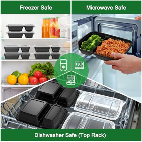 Dealusy 50 Pack (100-Piece) 28 oz Meal Prep Containers Reusable with Lids 2-Compartment, Sturdy Leakproof Food Safe, Microwave Freezer Dishwasher Safe, To Go Take Out Plastic Food Storage, Black - color: Black