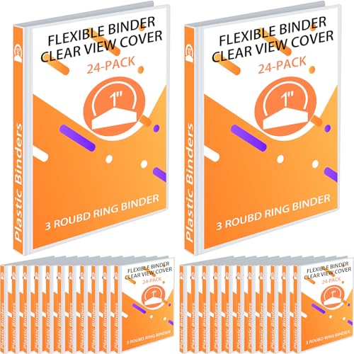 Fulmoon 24 Pcs 3 Ring Plastic Binders Bulk with 2 Pockets Flexible Binder with Transparent View Cover Plastic Binder for Home Office(1 Inch,White) - color: White, size: 1 Inch