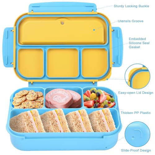shell and turtle Bento Box for Kids Girls Boys, Bento Box Adult Lunch Box with 4 Compartments, Lunch Containers with Utensils, Sauce Jar, Muffin Liners for School, 40 Oz/5 Cup, Blue - color: Blue