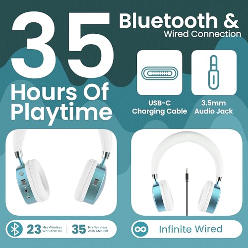 Puro Sound Labs Noise Cancelling Headphones for Kids - 85 dB Volume Limit, Built in Mic, 35-Hour Battery, Lightweight On Ear Design & Comfy Fit, Bluetooth Headphones for Kids – PuroQuiet Plus, Teal - color: Teal