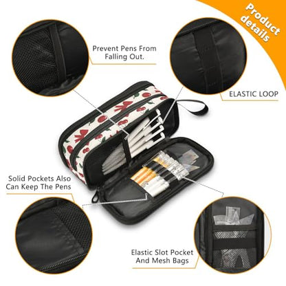 ALAZA Red Cherry Bow Pattern Large Pencil Case, Pen Pouch Pencil Bag with 3 Compartments Pen Holder Organizer Stationery Bag - color: Cherry Bow