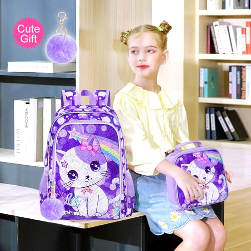 gxtvo 3PCS Girls Backpack, 16" Sequin Prechool Elementary Bookbag and Lunch Box - color: Sequins Girls Cat Backpack