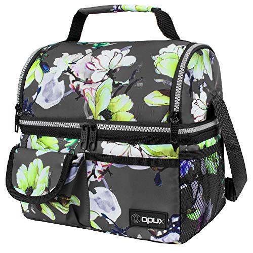 opux Insulated Lunch Bag Women Men, Dual Compartment Leakproof Lunch Box Adults Kids, Double Decker Meal Prep Bento Lunch Cooler Tote with Shoulder Strap for Work Office School Travel, Floral Gray - color: Floral Gray