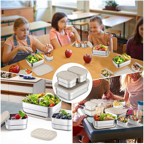 Homikit 3 Pack Kids Lunch Box Set, 18/10 Stainless Steel Bento Boxes with Silicone Lids Leak Proof, 5 Cups Reusable Metal Food Snack Containers for School Daycare, Nontoxic & Dishwasher Safe, Khaki - color: Khaki, size: Medium