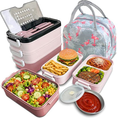 3-Tier Lunch Box for Women, Adult Lunch Box with Insulated Lunch Bag | 60 fl oz Large Capacity Bento Box with BPA-Free Utensils & Sauce Container, Leakproof, Microwave Safe for Work & Meal Prep - color: Pink(3-Tiers)