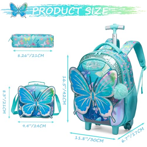 Girls Kids Rolling Backpack with Wheels Trolley School Bag Waterproof Travel Luggage for Kids Girls and Students lunch bag Lightweight and Multi functional 5-10 Years Old - color: Butterfly Blue
