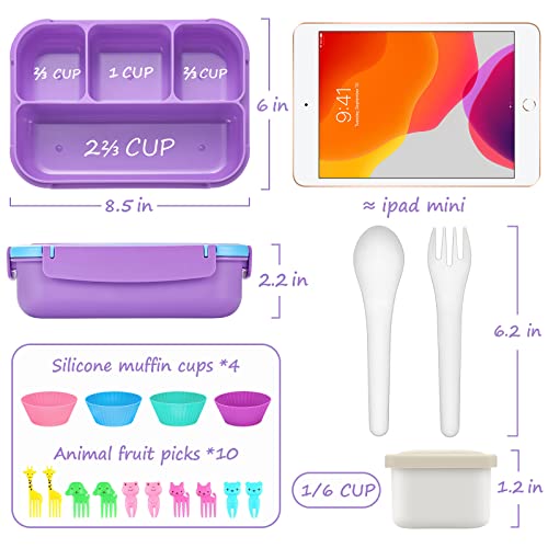 QQKO Bento Lunch Box for Kids Girls Boys, Toddler Kids Lunch Boxes for School, Lunch Containers for Adults with 4 Compartments, Sauce Container, Utensils, Food Picks and Muffin Cups, Purple - color: Purple