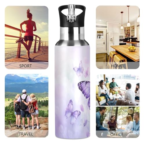 Purple Butterfly Lilac Flowers Water Bottle Women Men Insulated Stainless Steel Water Bottles with Straw Lid Leakproof Water Flask for Sports 20 oz