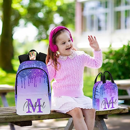 Customize Name Casual School Backpack for Kids, Personalized Rainbow Glitter Initial Schoolbag Shoulder Bag Custom Lunch Box Bag Travel Daypack for Students Boys Girls Back School Gifts Picnic - color: Multi 18