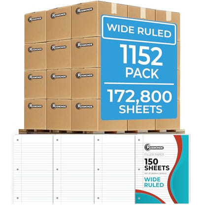 Rosmonde 1152 Pack (Pallet) Loose Leaf Paper Bulk, 172800 Sheets, Wide Ruled, Pallet of Filler Paper, 150 Sheets/Pack, 8 x 10.5", 3 Hole Punched, Thick Filler Paper, School & Office, 4-7 Days Transit - color: Wide Ruled, size: Full Pallet (172K Sheets)
