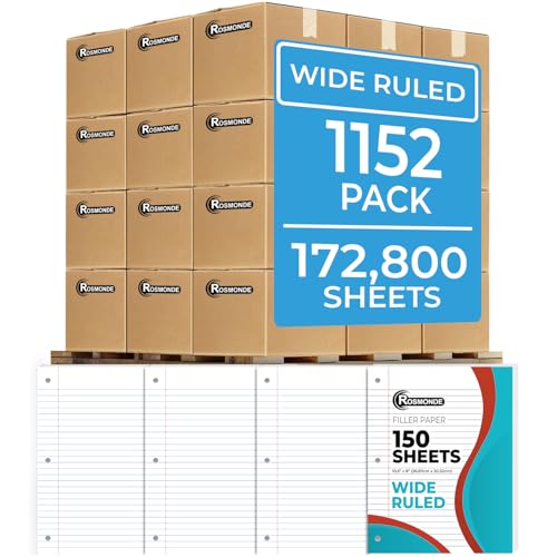 Rosmonde 1152 Pack (Pallet) Loose Leaf Paper Bulk, 172800 Sheets, Wide Ruled, Pallet of Filler Paper, 150 Sheets/Pack, 8 x 10.5", 3 Hole Punched, Thick Filler Paper, School & Office, 4-7 Days Transit - color: Wide Ruled, size: Full Pallet (172K Sheets)