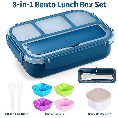 shell and turtle Bento Box Adult Lunch Box, Kids Lunch Containers for School with 4 Compartments, with Utensils, Sauce Jar, Muffin Liners, Microwave Safe, Navy - color: Navy