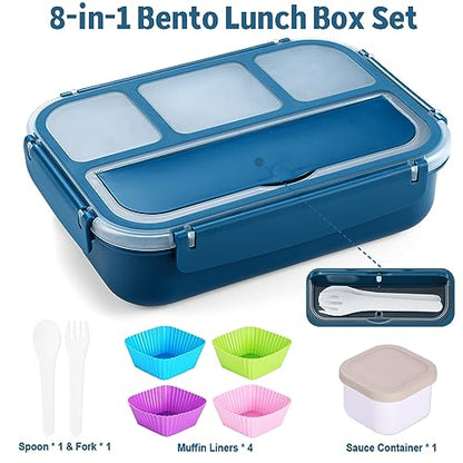 shell and turtle Bento Box Adult Lunch Box, Kids Lunch Containers for School with 4 Compartments, with Utensils, Sauce Jar, Muffin Liners, Microwave Safe, Navy - color: Navy