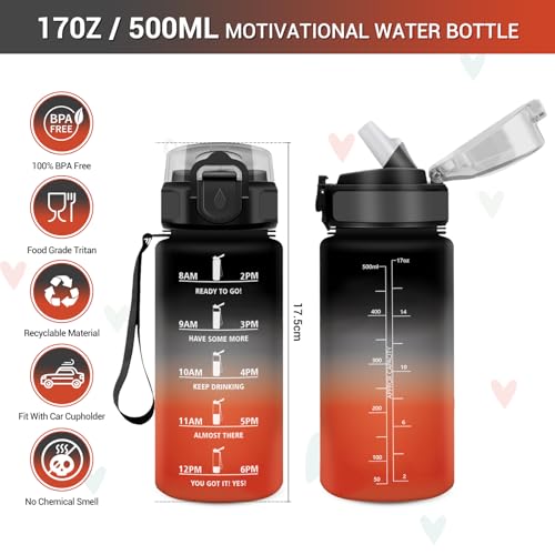 500ml Water Bottle with Straw, BPA Free Reusable Motivational Bottle with Time Marker, Leak Proof, Ideal for School, Office, Camping