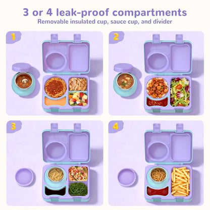 Bento Box for Kids, Leakproof Kids Bento Lunch Box Container with 8oz Insulated Thermo Food Jar, Sauce Jar, Utensil, DIY Stickers for School Boys Girls, 3-4 Compartments, BPA-Free - color: Lake Blue