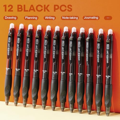 12 Pack Clicker Erasable Gel Pens, Fine Point (0.5mm), Black Ink with Eraser, Make Mistakes Disappear, Soft Grip for Students, Writing, Note Taking, School & Office Supplies - color: 12 Black