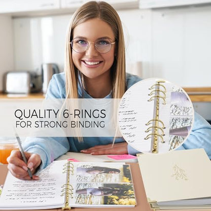 Aesthetic 6 Ring A5 Binder Set of 2 - The Perfect Small 0.75 Inch Planner Binder for Journaling or Collections - Refillable Notebook Holder with Pocket - color: Beige-pink