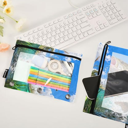 Largemouth Bass Fish Pencil Pouches for 3 Ring Binder, Zipper Binder Pencil Case, 2 Pack Clear Window Case Bag for Office Organizers - color: Largemouth Bass Fish 1