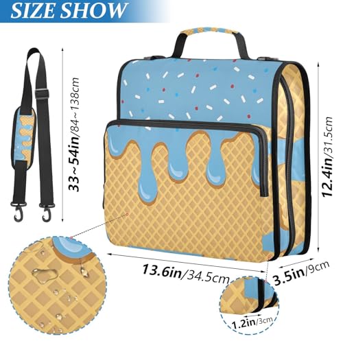 3 Ring Zipper Binder with Shoulder Strap Blue Ice Cream 1.5 inch Binders Keeper Large Capacity Multi Pockets for School Office Supplies - color: Multi342, size: Fit 500 Sheets