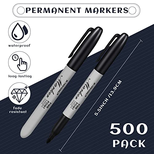 Thenshop 500 Pack Black Permanent Markers Bulk - Fine Point Permanent Marker Quick Drying Waterproof Pens for Doodling Writing Marking Classroom Work on Wood Metal Stone Glass, Office School Supplies