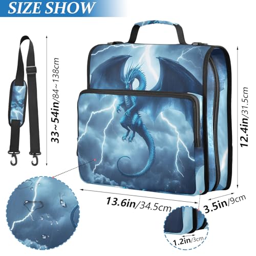 3 Ring Zipper Binder With Shoulder Strap Documents Storage Organizer Animal Dog - color: Blue Dragon Lightning