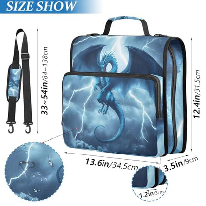 3 Ring Zipper Binder With Shoulder Strap Documents Storage Organizer Animal Dog - color: Blue Dragon Lightning