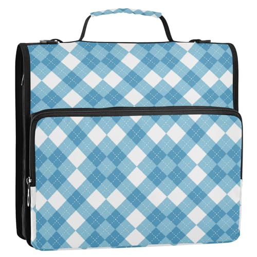 Argyle Blue and White Zipper Binder 3 Ring 1.5 Inch School Binder Organizer with Shoulder Strap Handle File Folder Pockets Large Capacity Students Girl Boy Men Office Work - color: Argyle Blue and White