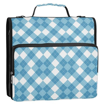 Argyle Blue and White Zipper Binder 3 Ring 1.5 Inch School Binder Organizer with Shoulder Strap Handle File Folder Pockets Large Capacity Students Girl Boy Men Office Work - color: Argyle Blue and White