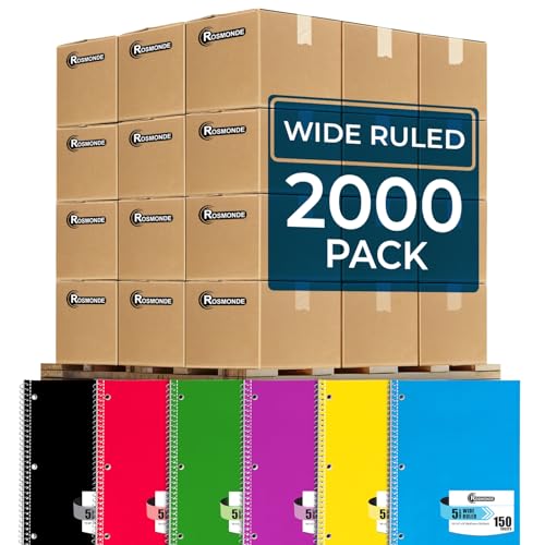 Rosmonde 2000 Packs (Pallet) 5 Subject Notebooks, Spiral Notebook Bulk, Wide Ruled, Pallet of Notebooks, 150 Sheets (300 pages), 8 x 10-1/2",Bulk Spiral Notebooks for School & Office, 4-7 Days Transit - size: 2000 Pack | Full Pallet