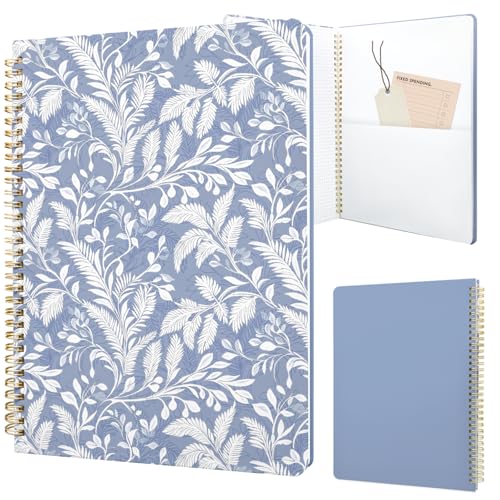 Cute Spiral Notebook journal A4 Aesthetic Pretty Design for Women Girls Kawaii with Pocket, 8.5 x 11 inch, Graph, Blue Leaves - color: Blue Leaves, style: Graph