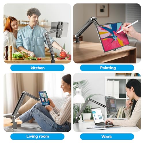 Jakeko Adjustable Tablet Mount for Desk - 360 Degree Rotating Base Tall Arm Holder Stand Swivel Flexible Clamp Soporte para Tablet/Portable Monitor/Ebook - size: up to 15.6"