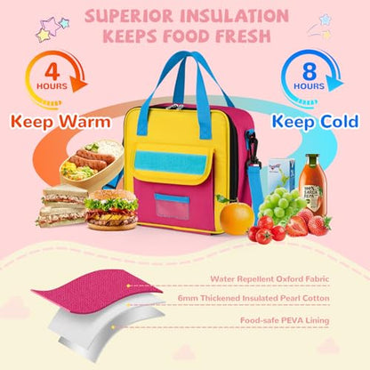 REDSHELL Lunch Box Kids, Large Insulated Lunch Bag for Girls, Pink Blue | Tactical Style, Cooler Lunchbag, Square Toddler Lunchbox, School & Daycare, Lunch Tote, Water Bottle Holder, Adjustable Strap - color: Pink & Blue