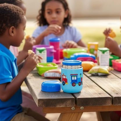 Wildkin Kids 10 oz Insulated Food Jar, Trains, Planes & Trucks | Wide-mouth 10 oz jar keeps food hot up to 5 hrs and cold up to 7 hrs · includes two folding spoons · stainless steel interior - color: Trains, Planes & Trucks