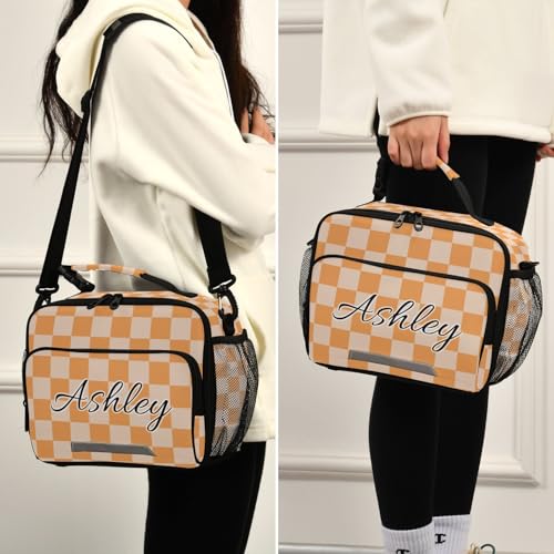 Custom Student Lunch Bag for Boys Girls Orange Checkerboard Personalized Lunch Box With Name Insulated Cooler Bag for School Picnic Travel - color: Multi11