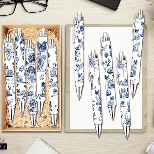 Blue and White Porcelain Cat Ballpoint Pens Set – Aesthetic Chinese Porcelain Style Cat Design Pens for Office, Journaling, and Stationery Lovers – Smooth Writing Pens for Daily Use or Gifts, 10 Pack - style: Blue and white porcelain cat