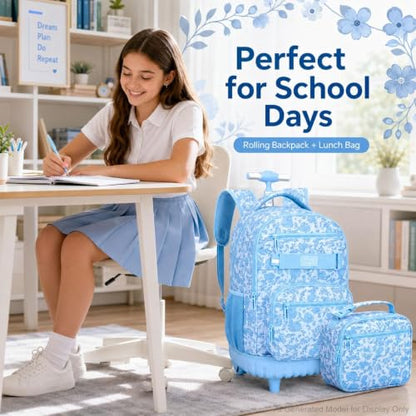 gxtvo Girls Backpack with Wheels, Women Roller Bookbag with Lunch Box for Adults, Water Resistant Wheeled School Bag for College Teens Kids Travel - Blue Flower - color: Girls Rolling Backpack Blue Flower