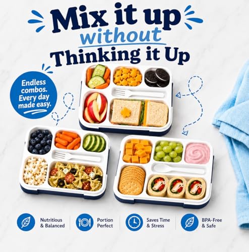 Bento Lunch Box Snack Containers for Kids Boys Girls Adults, 6 Divided Compartments - School, Daycare, Leak Proof Meal Planning Portion Control, BPA-Free Boxes, Utensils, Navy Blue - color: Navy