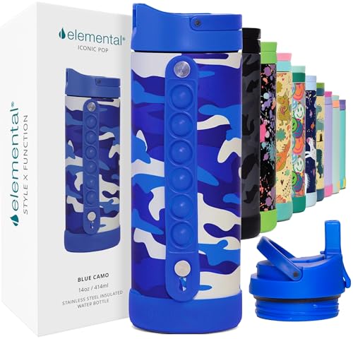 Elemental Iconic Kids Water Bottle for School - 100% Leak-Proof Insulated Water Bottles with Straw Lid & Pop-It Handle for Boys & Girls - Triple-Wall Insulated & BPA-Free, 14oz - Blue Camo - color: Blue Camo, size: 14 Ounces