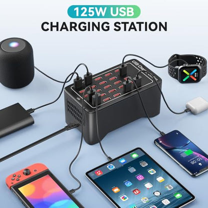 Charging Station for Multiple Devices,125W 25 Ports Multi USB Charger Stations for iPhone, Cell Phone, iPad, Tablet, Apple Watch and Other Electronic, Multiple USB Power Charging Dock for Home Family