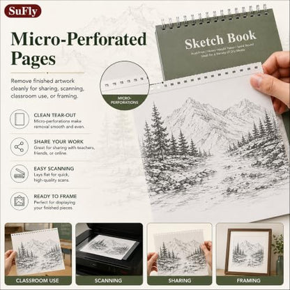 SuFly Sketch Book 9x12, Drawing Paper Pad-68lb/100gsm, Top Spiral Sketchbook Hardcover, 100 Sheets Sketch Pad for Kids Classroom Art Supplies for Adults-Sketchpad for Drawing, Illustration & Art Stuff
